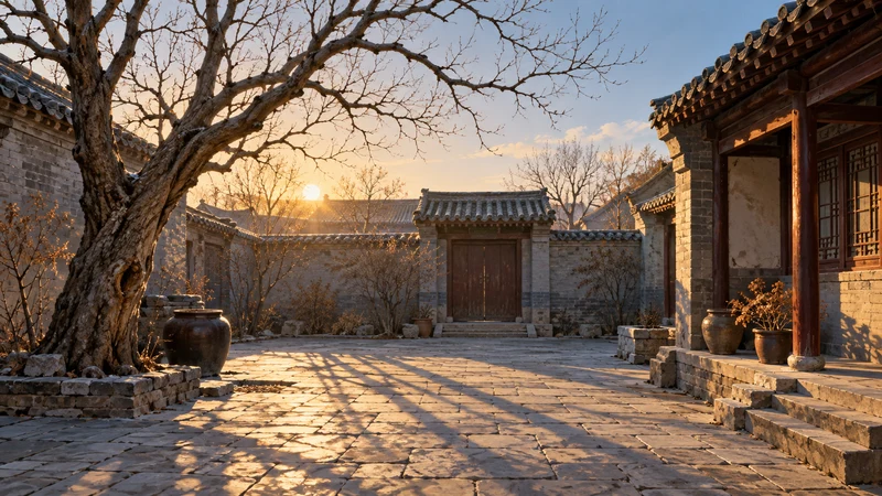 Low winter sunlight casting long shadows from a bare tree across a Chinese courtyard