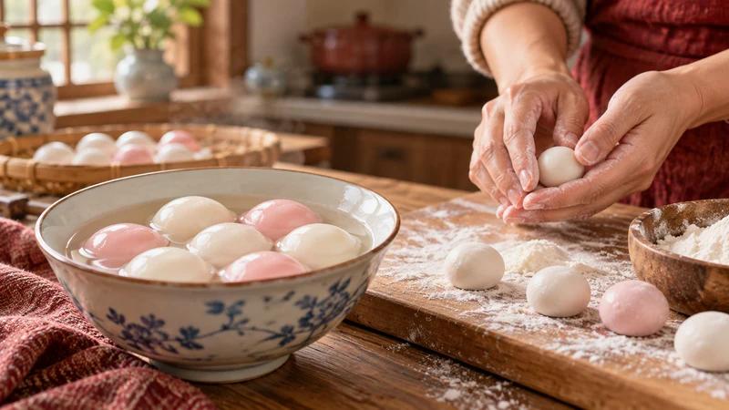 White and pale pink tangyuan rice balls in a ceramic bowl beside hands rolling rice dough